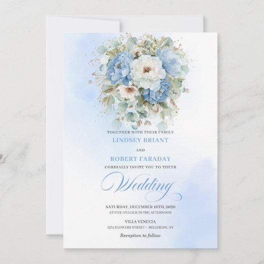 Boho Dusty Blue Peony Gold Floral Wedding Invite Kaart (Voorkant)