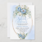 Boho Dusty Blue Peony Gold Sweet Sixteen Invite Kaart (Voorkant)