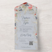 Boho Dusty Blue & Pink Floral Blue QR Code All In One Uitnodiging (Binnen)