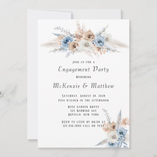 Boho Dusty Blue Pink Peony Engagement Party Kaart (Voorkant)