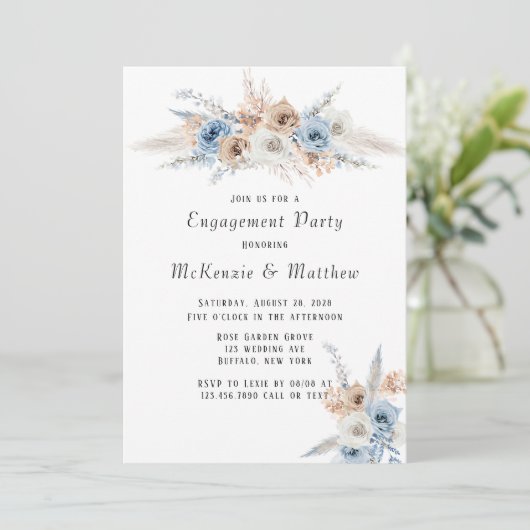 Boho Dusty Blue Pink Peony Engagement Party Kaart (Staand voorkant)