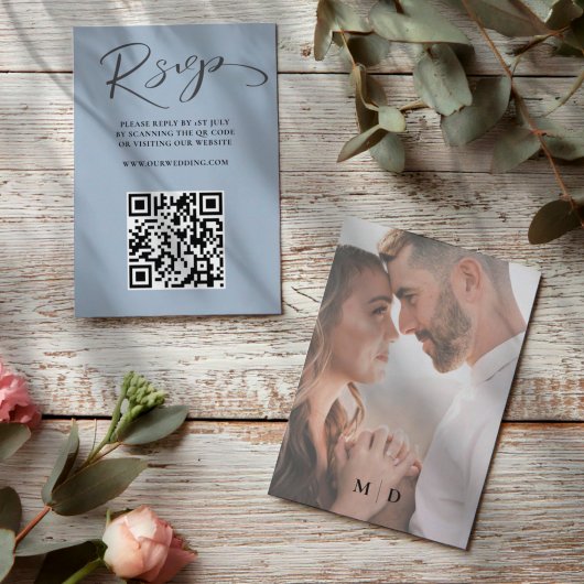 Boho Dusty Blue QR Code RSVP Wedding Kaartje