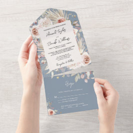 Boho Dusty Blue Rustic Floral met RSVP Wedding All In One Uitnodiging
