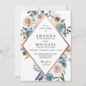 Boho Dusty Blue Rustic Floral Roos Gold Wedding Kaart (Voorkant)