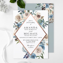 Boho Dusty Blue Rustic Floral Roos Gold Wedding Kaart