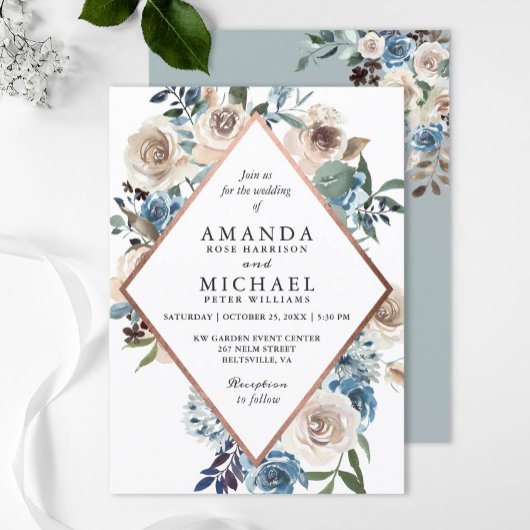Boho Dusty Blue Rustic Floral Roos Gold Wedding Kaart