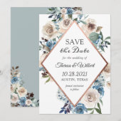 Boho Dusty Blue Rustic Floral Roos Gold Wedding Save The Date (Voorkant / Achterkant)