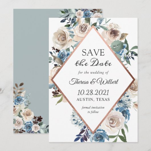 Boho Dusty Blue Rustic Floral Roos Gold Wedding Save The Date (Voorkant / Achterkant)