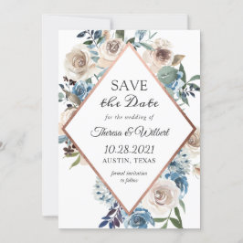 Boho Dusty Blue Rustic Floral Roos Gold Wedding Save The Date