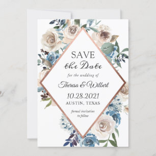 Boho Dusty Blue Rustic Floral Roos Gold Wedding Save The Date