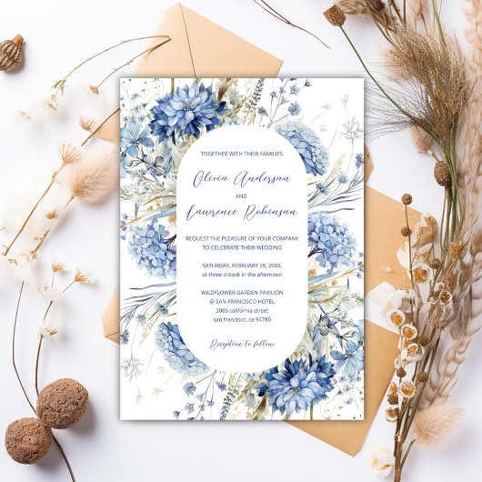 Boho Dusty Blue Sage Wildflowers QR Winter Wedding Kaart