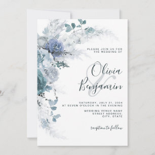 Boho Dusty Blue Slate Pastel Floral Pampas Wedding Kaart