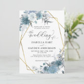 Boho Dusty Blue Slate Pastel Gold Foil Wedding Inv Kaart (Staand voorkant)