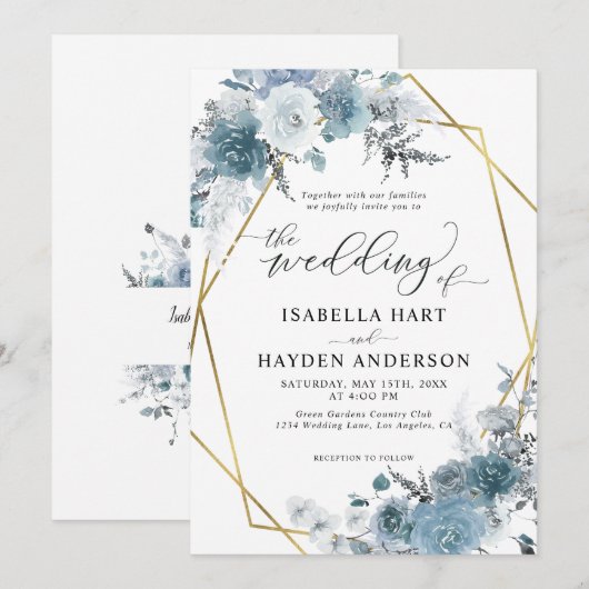 Boho Dusty Blue Slate Pastel Gold Foil Wedding Inv Kaart (Voorkant / Achterkant)