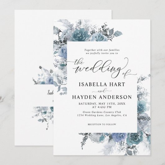 Boho Dusty Blue Slate Pastel Pampas Floral Wedding Kaart (Voorkant / Achterkant)