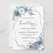 Boho Dusty Blue Slate Pastel Silver Foil Wedding Kaart (Voorkant)