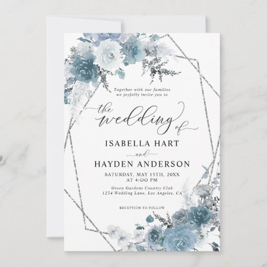 Boho Dusty Blue Slate Pastel Silver Foil Wedding Kaart (Voorkant)