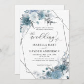 Boho Dusty Blue Slate Pastel Silver Foil Wedding Kaart (Voorkant / Achterkant)