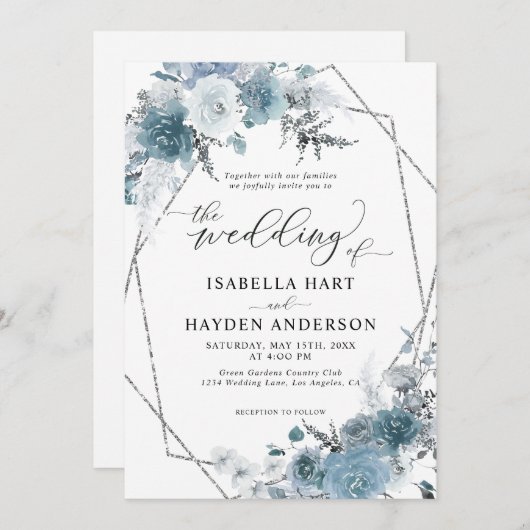 Boho Dusty Blue Slate Pastel Silver Foil Wedding Kaart (Voorkant / Achterkant)