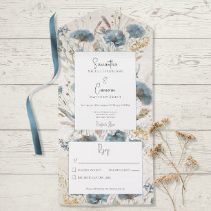 Boho Dusty Blue & Tan Floral Monogram No Dinner All In One Uitnodiging