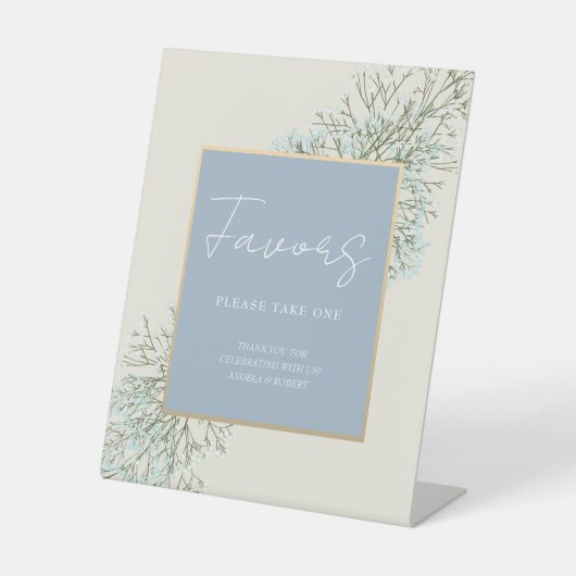 Boho Dusty Blue Wedding Favors Reclamebord Met Voetstuk (Voorkant)