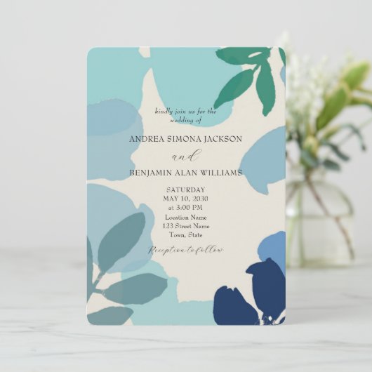 Boho Dusty Blue Wedding Invitation met QR-code Kaart (Staand voorkant)
