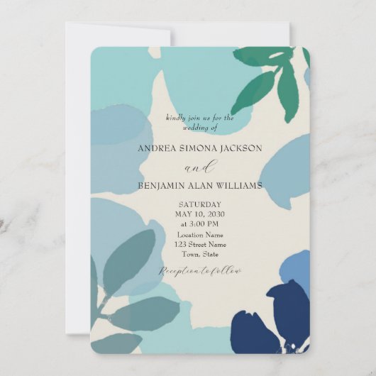 Boho Dusty Blue Wedding Invitation met QR-code Kaart (Voorkant)