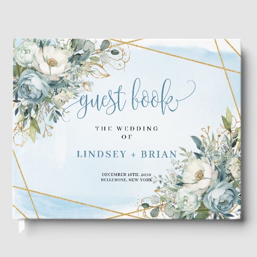 Boho Dusty Blue White Gold Flowers Guest Book Gastenboek (Voorkant)