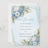 Boho Dusty Blue White Gold Flowers Save The Date Kaart (Voorkant)