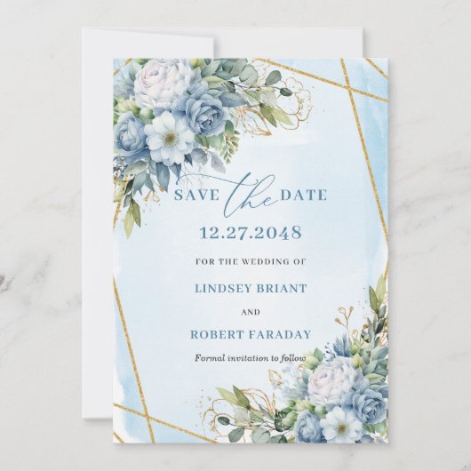 Boho Dusty Blue White Gold Flowers Save The Date Kaart (Voorkant)