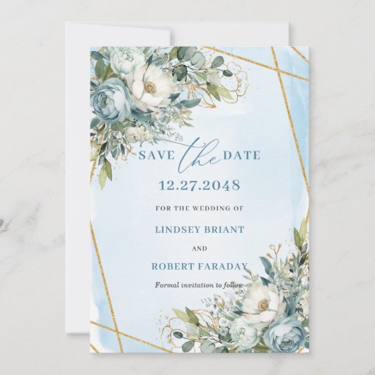 Boho Dusty Blue White Gold Flowers Save The Date Kaart (Voorkant)