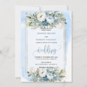 Boho Dusty Blue White Gold Flowers Wedding Invites Kaart (Voorkant)