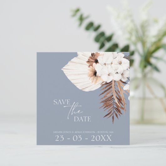 Boho Dusty Blue White Pampas Grass Wedding Save The Date (Staand voorkant)