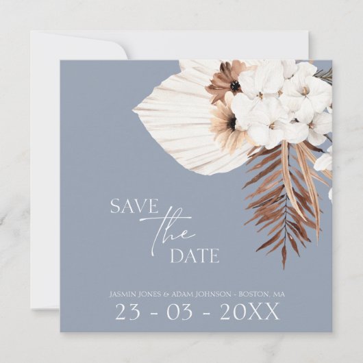 Boho Dusty Blue White Pampas Grass Wedding Save The Date (Voorkant)