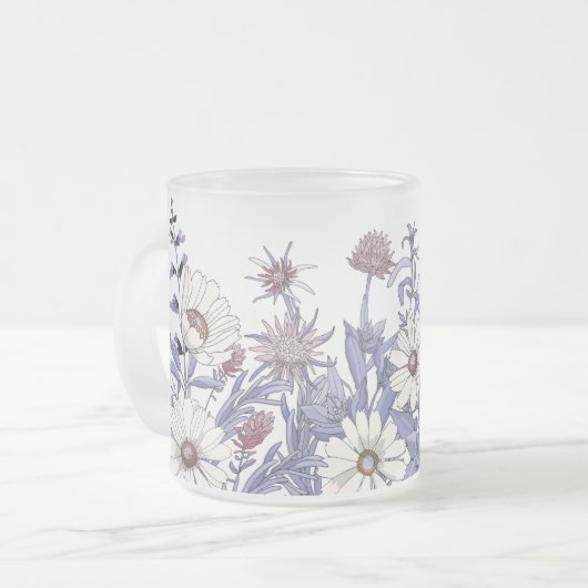 Boho Dusty Blue Wildbloemen Thistles Daisy Matglas Koffiemok (Voorkant links)