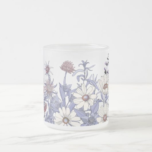 Boho Dusty Blue Wildbloemen Thistles Daisy Matglas Koffiemok (Center)