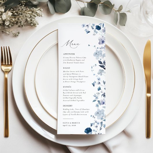 Boho Dusty Blue Wildflower Elegant Bruiloft Menu