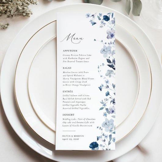 Boho Dusty Blue Wildflower Elegant Bruiloft Menu