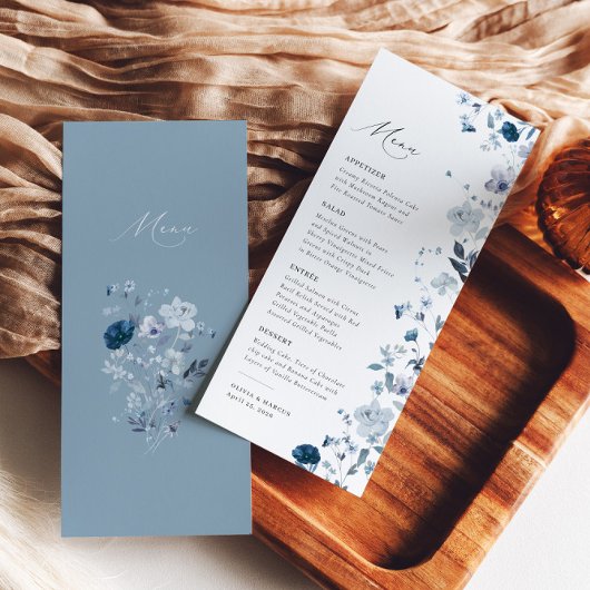 Boho Dusty Blue Wildflower Elegant Bruiloft Menu