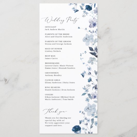 Boho Dusty Blue Wildflower Elegant Trouwprogramma Programmakaart (Achterkant)