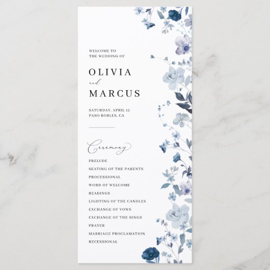 Boho Dusty Blue Wildflower Elegant Trouwprogramma Programmakaart (Voorkant)