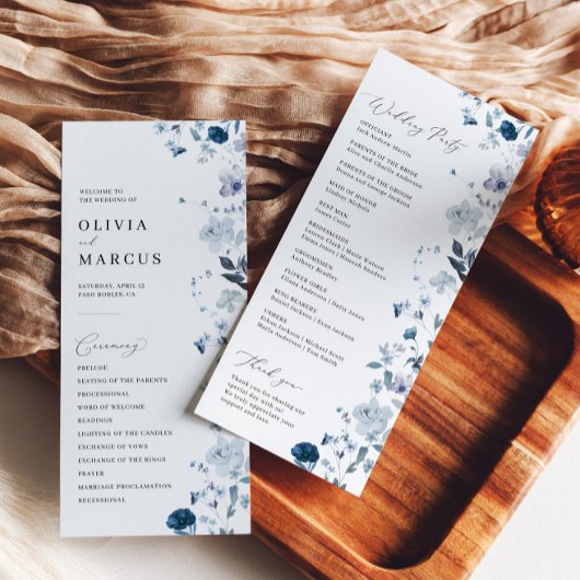 Boho Dusty Blue Wildflower Elegant Trouwprogramma Programmakaart