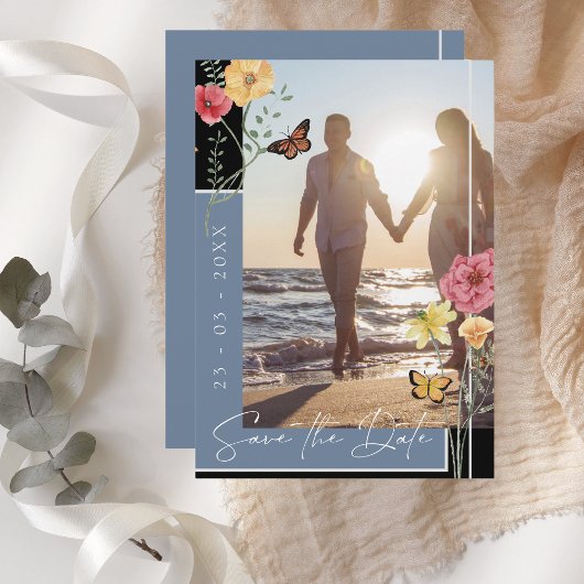 Boho Dusty Blue Wildflower Foto Save the Date