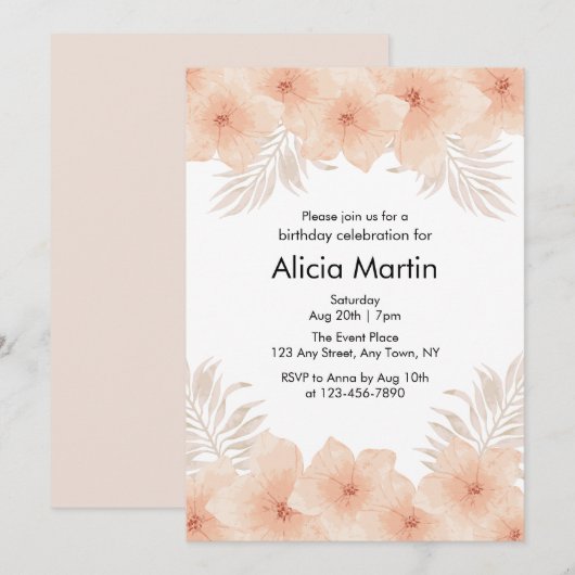 Boho Dusty Blush Bloem Palm Leaf Verjaardag Kaart (Voorkant / Achterkant)