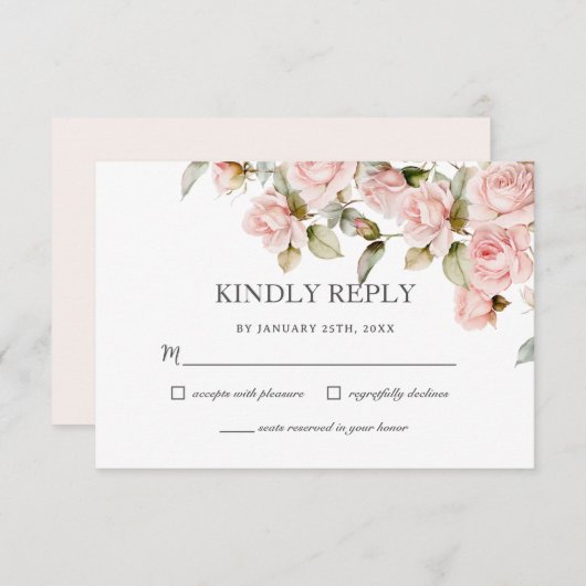 Boho Dusty Bord Roze Rozen Bloemen Groen Bruiloft RSVP Kaartje (Voorkant / Achterkant)