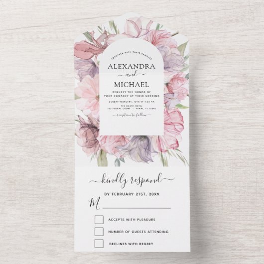 Boho Dusty Floral Pink Paars Wedding RSVP All In One Uitnodiging (Binnen)