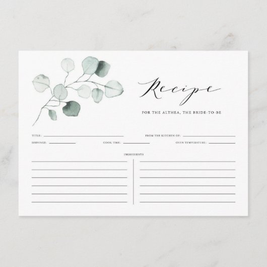 Boho Dusty Green Eucalyptus Leaves Shower Recipe Informatiekaartje (Voorkant)
