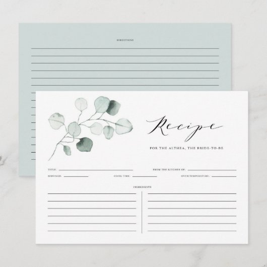 Boho Dusty Green Eucalyptus Leaves Shower Recipe Informatiekaartje (Voorkant / Achterkant)