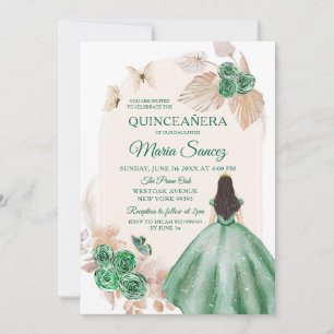 Boho Dusty Green Floral Mexican Girl Quinceañera Kaart