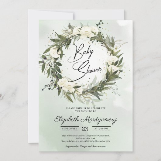Boho Dusty Greenery Olive Wreath White Roses Kaart (Voorkant)